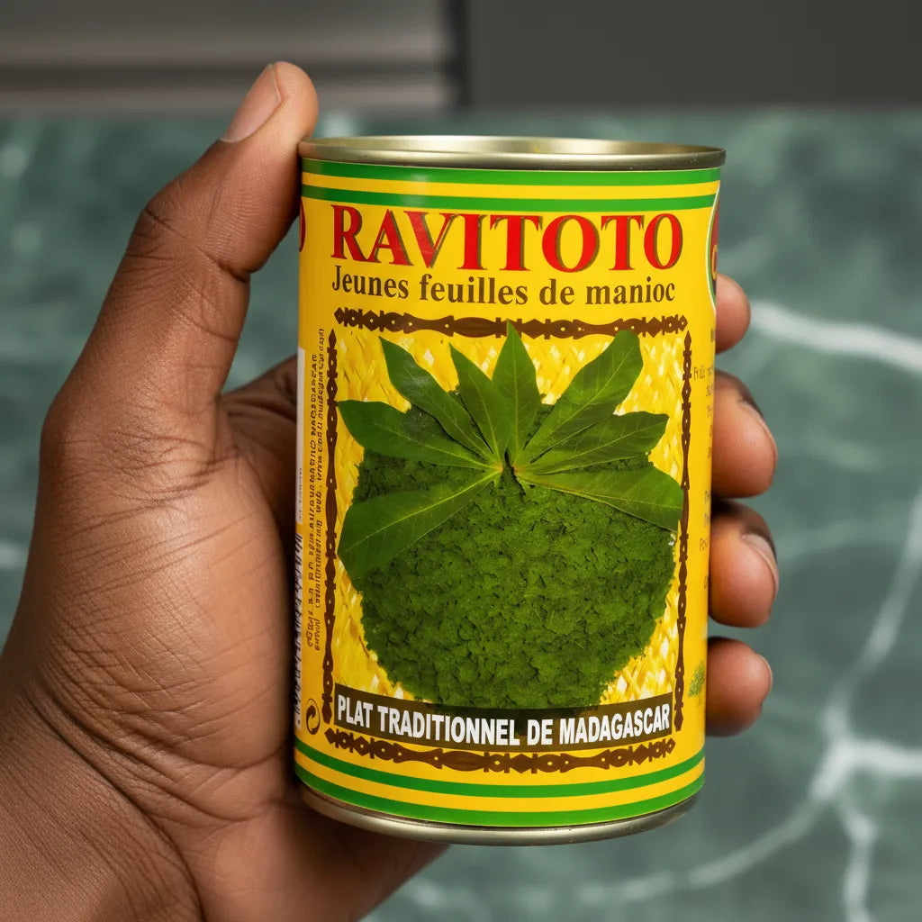 Boîte de Ravitoto CODAL tenue en main, jeunes feuilles de manioc prêtes à l'emploi pour recettes traditionnelles de Madagascar.